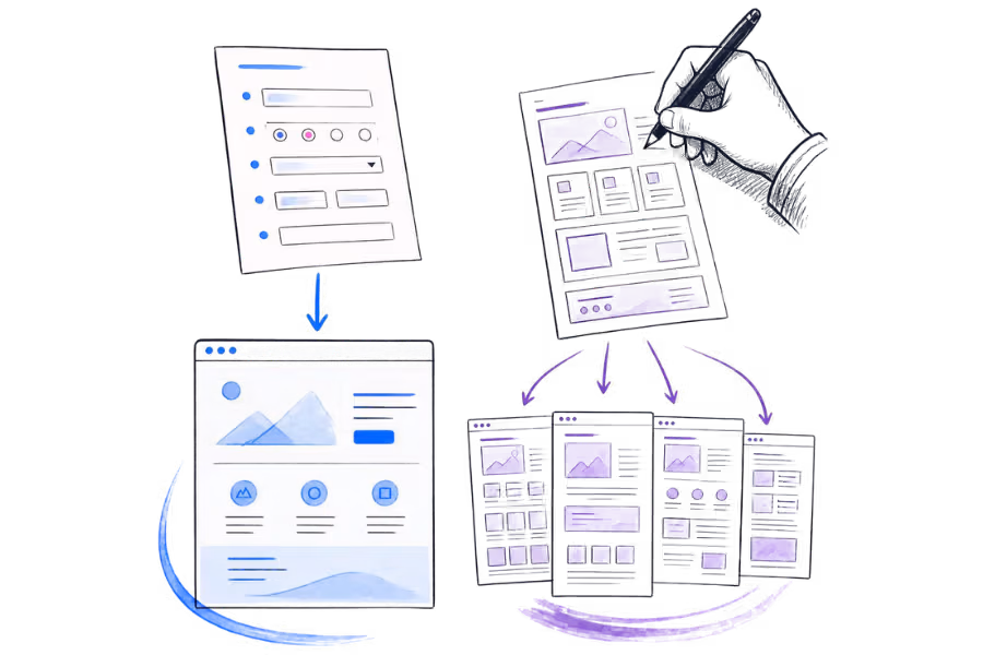 Illustration comparing an AI website builder with custom website design.