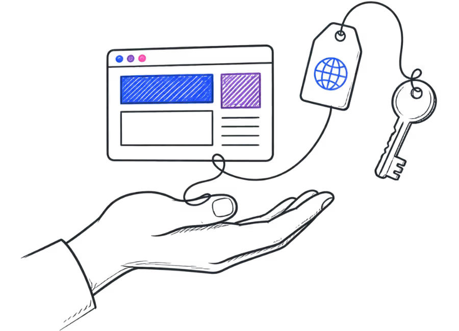 Line-art illustration of a hand holding a website with a domain tag and key