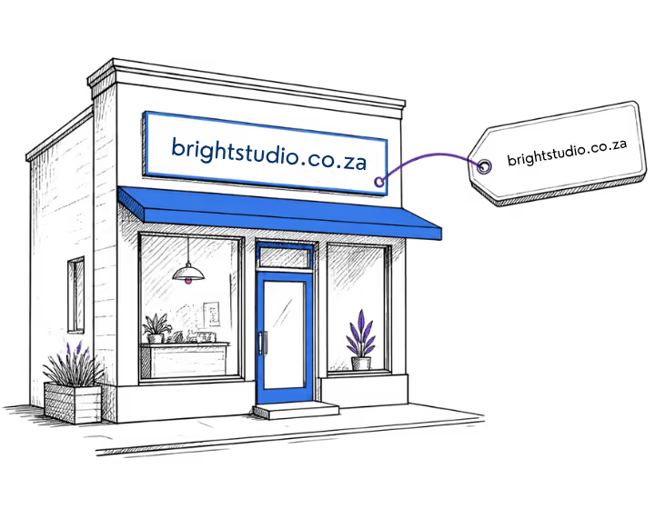 Hand-drawn business storefront with a matching domain name