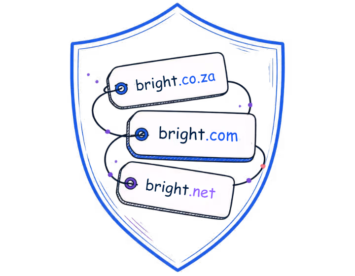 Hand-drawn related domain names grouped behind a protective shield