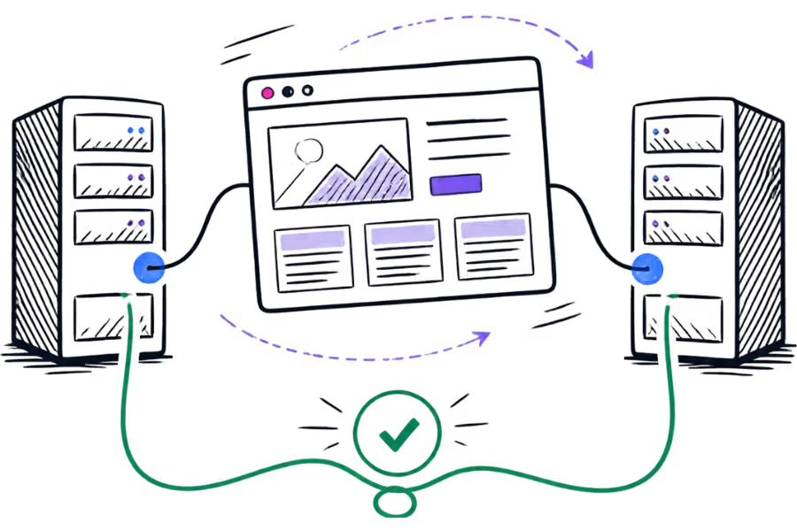 Illustration of a WordPress website being moved between hosting servers.