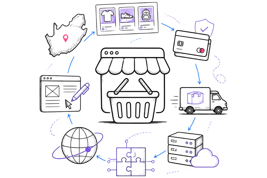 Illustration of an online shop surrounded by products, payments, shipping and website components.