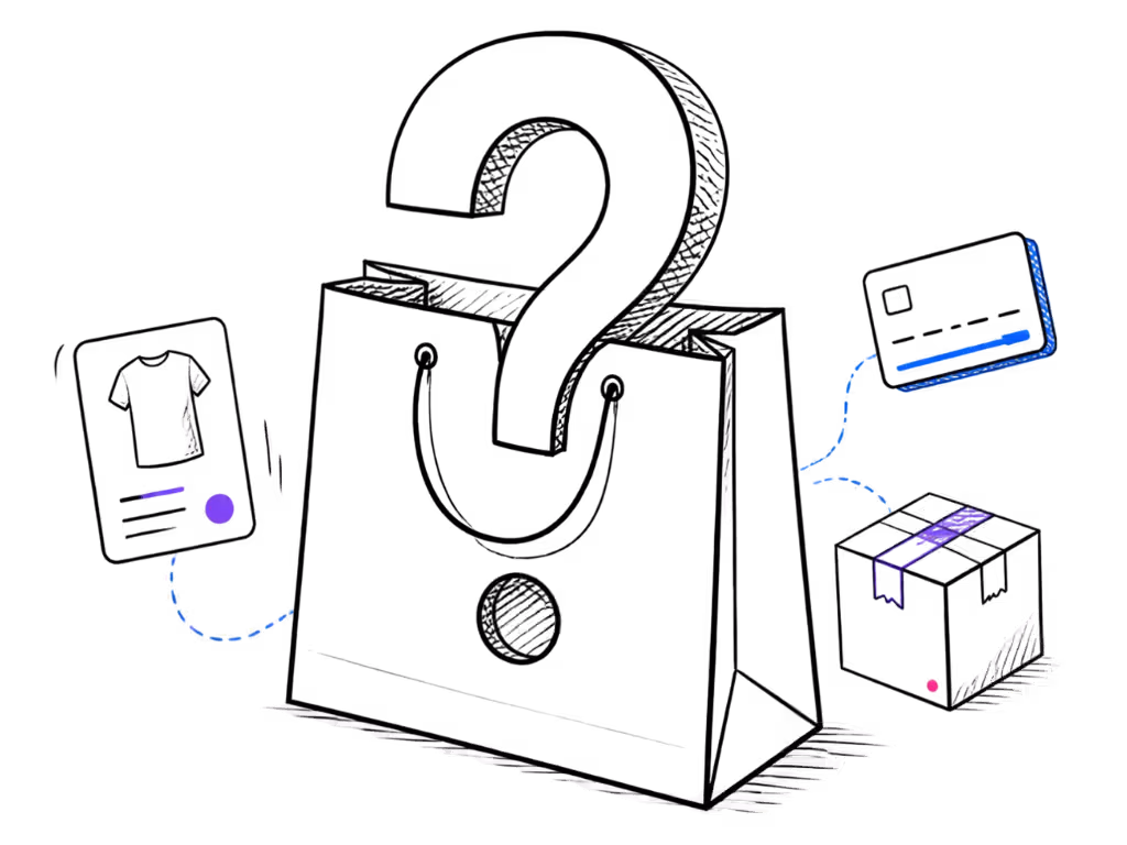 Line-art illustration of a shopping bag containing a question mark