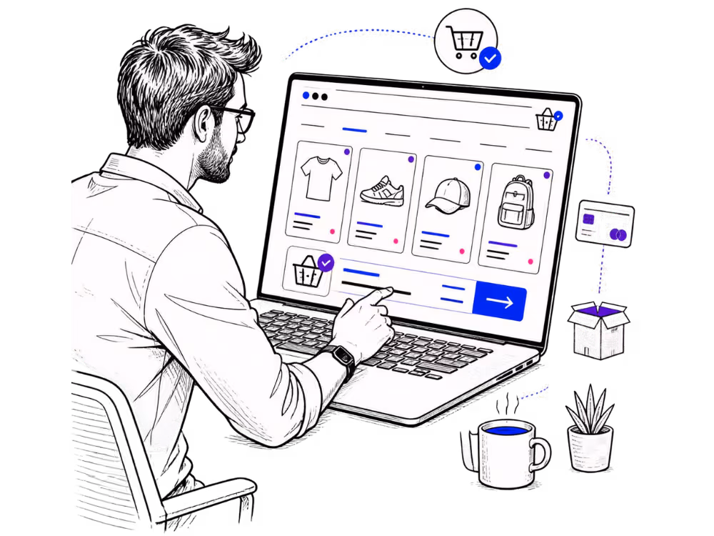 Illustration of an online shop being designed on a laptop