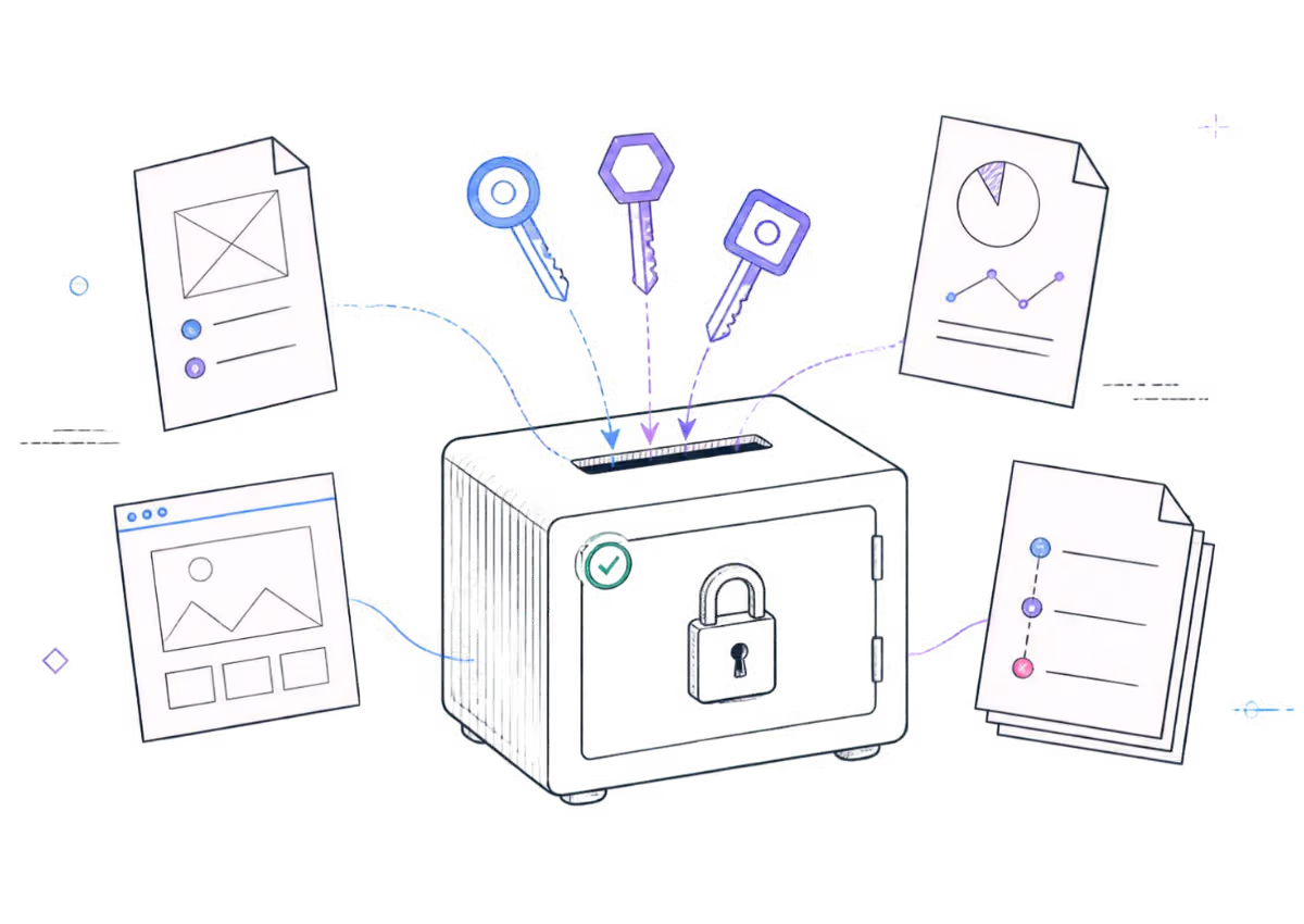 Line-art illustration of website access information being placed securely into a document vault