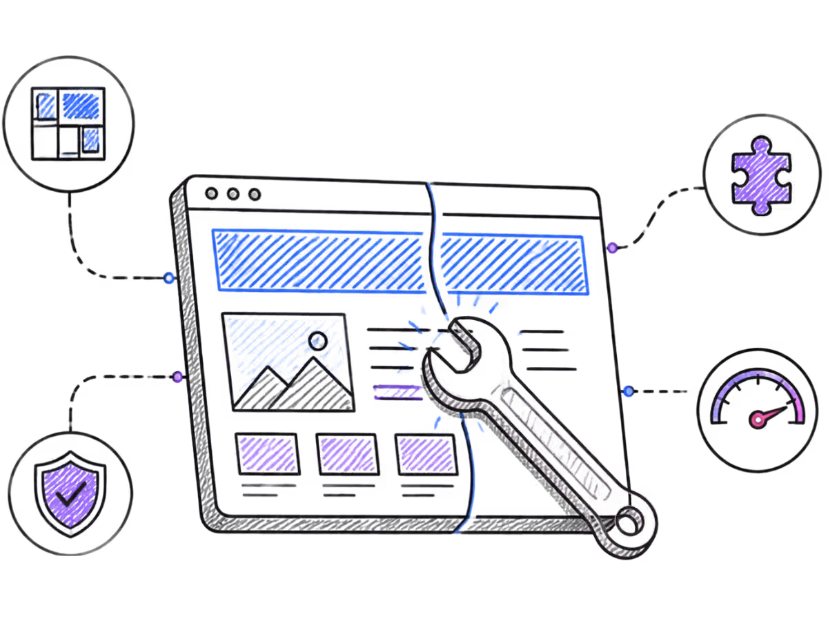 Line-art illustration of a broken browser window being repaired, with indicators for layout, code, security and performance